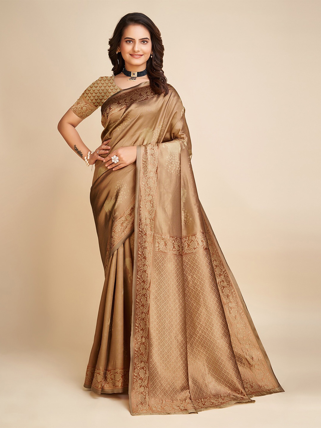 

KALINI Ethnic Motifs Woven Design Banarasi Saree, Gold