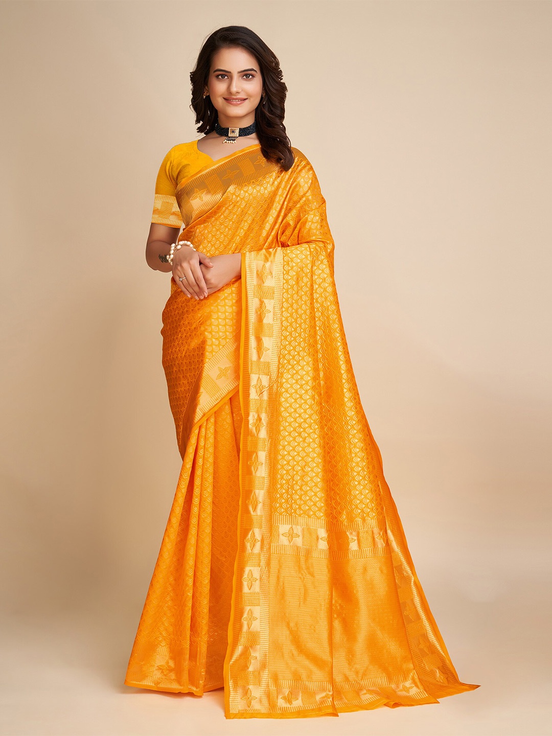 

KALINI Ethnic Motifs Woven Design Banarasi Saree, Yellow