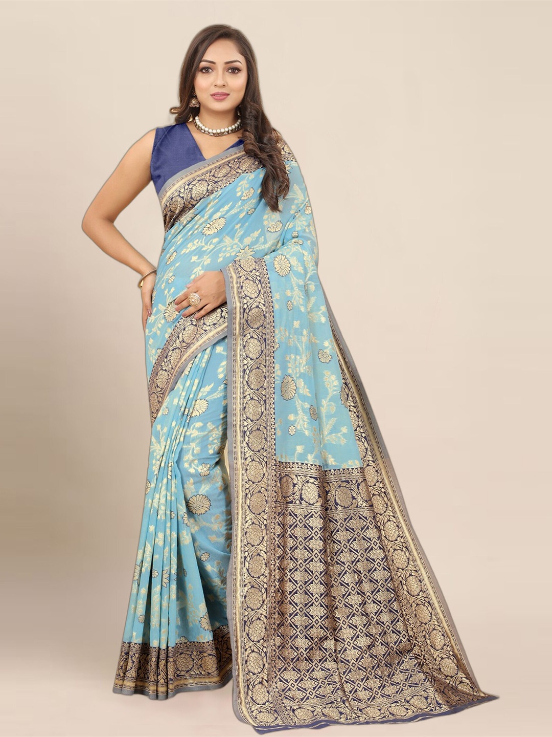 

KALINI Floral Woven Design Zari Banarasi Saree, Blue