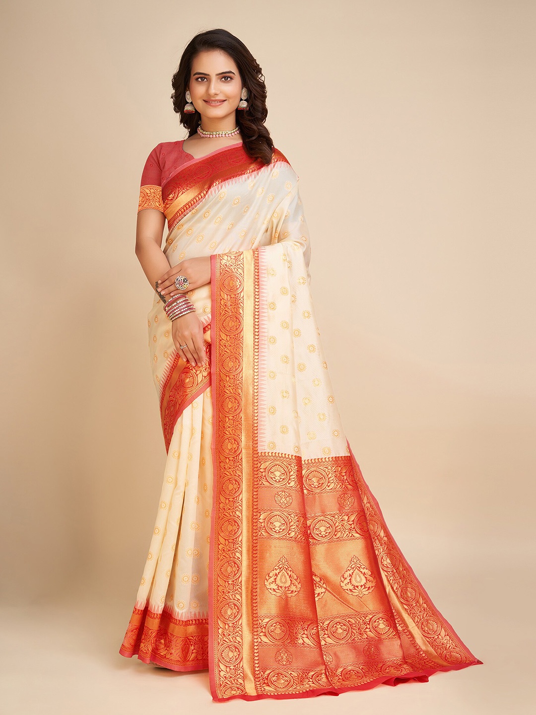 

KALINI Ethnic Motifs Woven Designed Zari Banarasi Saree, Beige