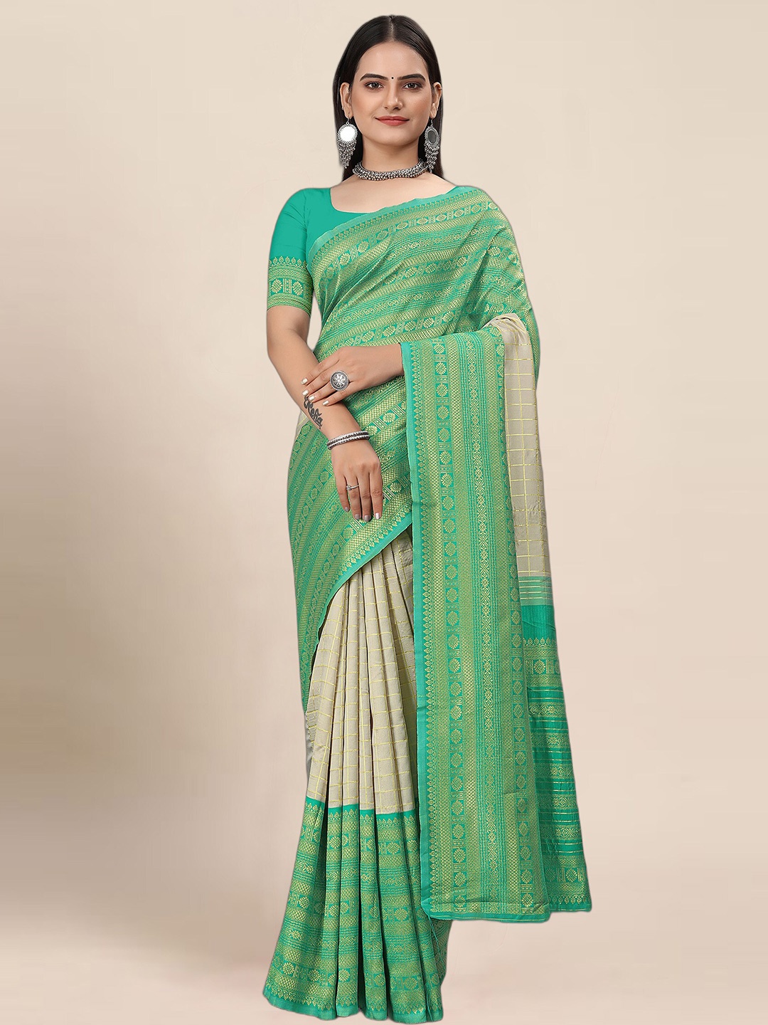 

KALINI Ethnic Motifs Woven Designed Zari Banarasi Saree, Beige