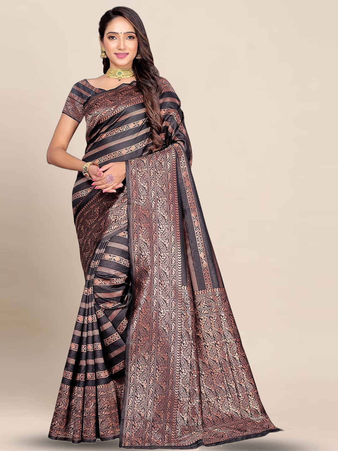 

KALINI Striped Zari Banarasi Saree, Black