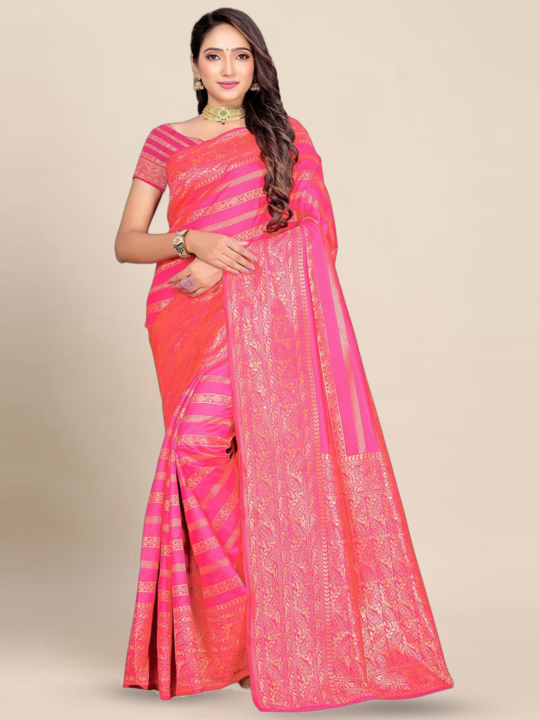 

KALINI Striped Zari Banarasi Saree, Pink