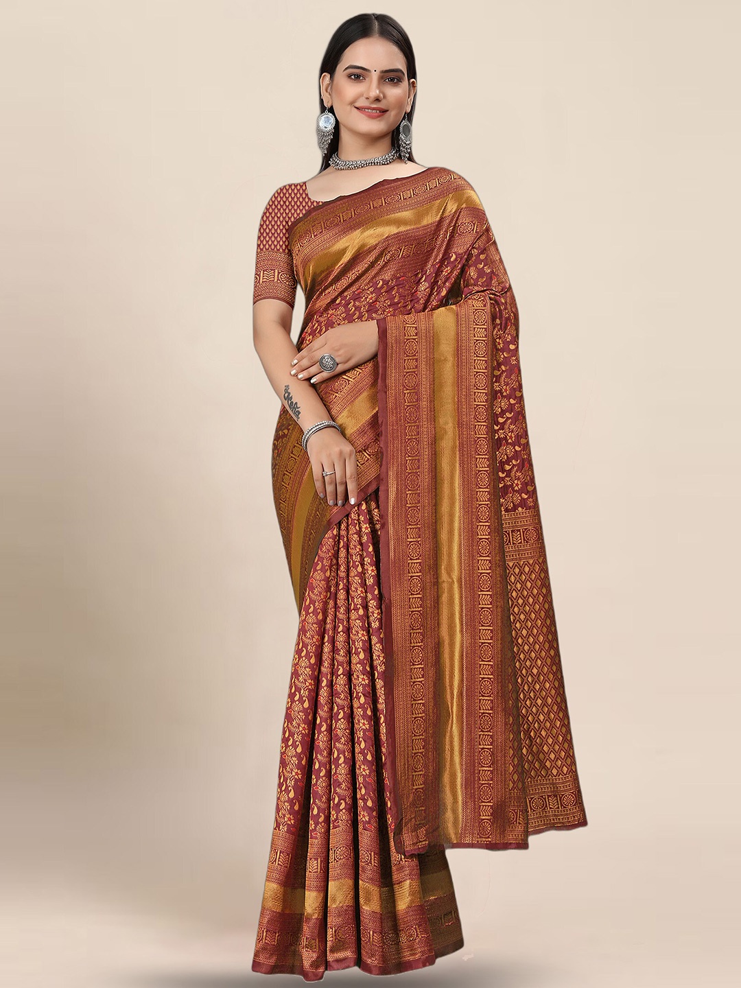 

KALINI Floral Woven Designed Zari Banarasi Saree, Brown