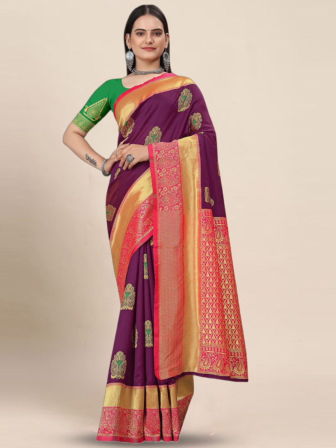 

KALINI Ethnic Motifs Woven Designed Zari Banarasi Saree, Magenta