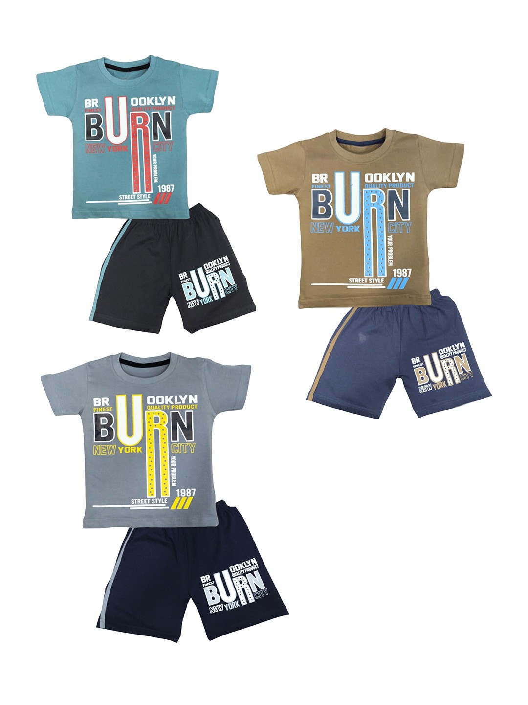 

BAESD Infants Pack Of 3 Printed Pure Cotton T-shirt with Shorts, Blue