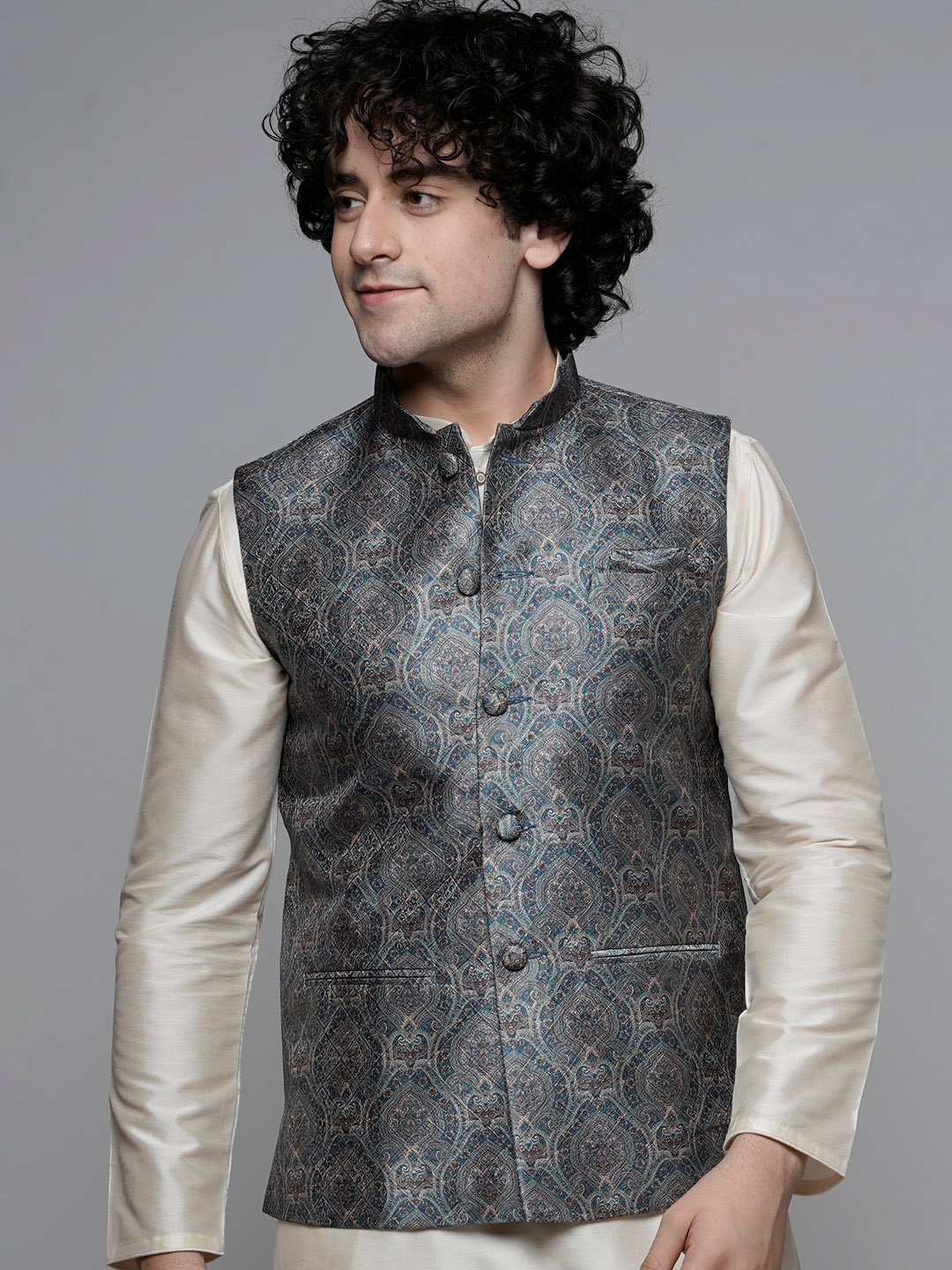 

MAAHI FABS Ethnic Motifs Printed Satin Nehru Jackets, Green