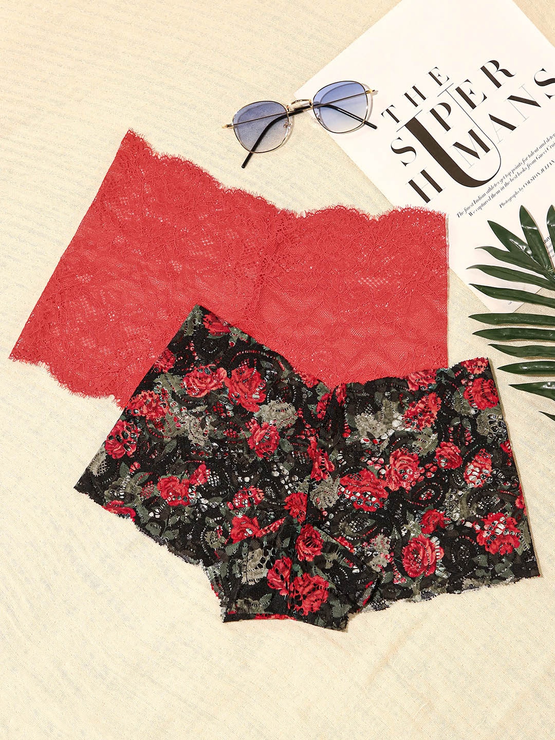 

LULU & SKY Pack Of 2 Mermaid Lace Boy Shorts Briefs SSPNC2-053-RED AND BLACK FLOWER