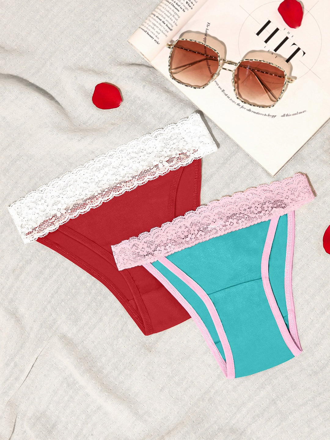 

LULU & SKY Pack of 2 Mid-Rise Laced Bikini Briefs, Red