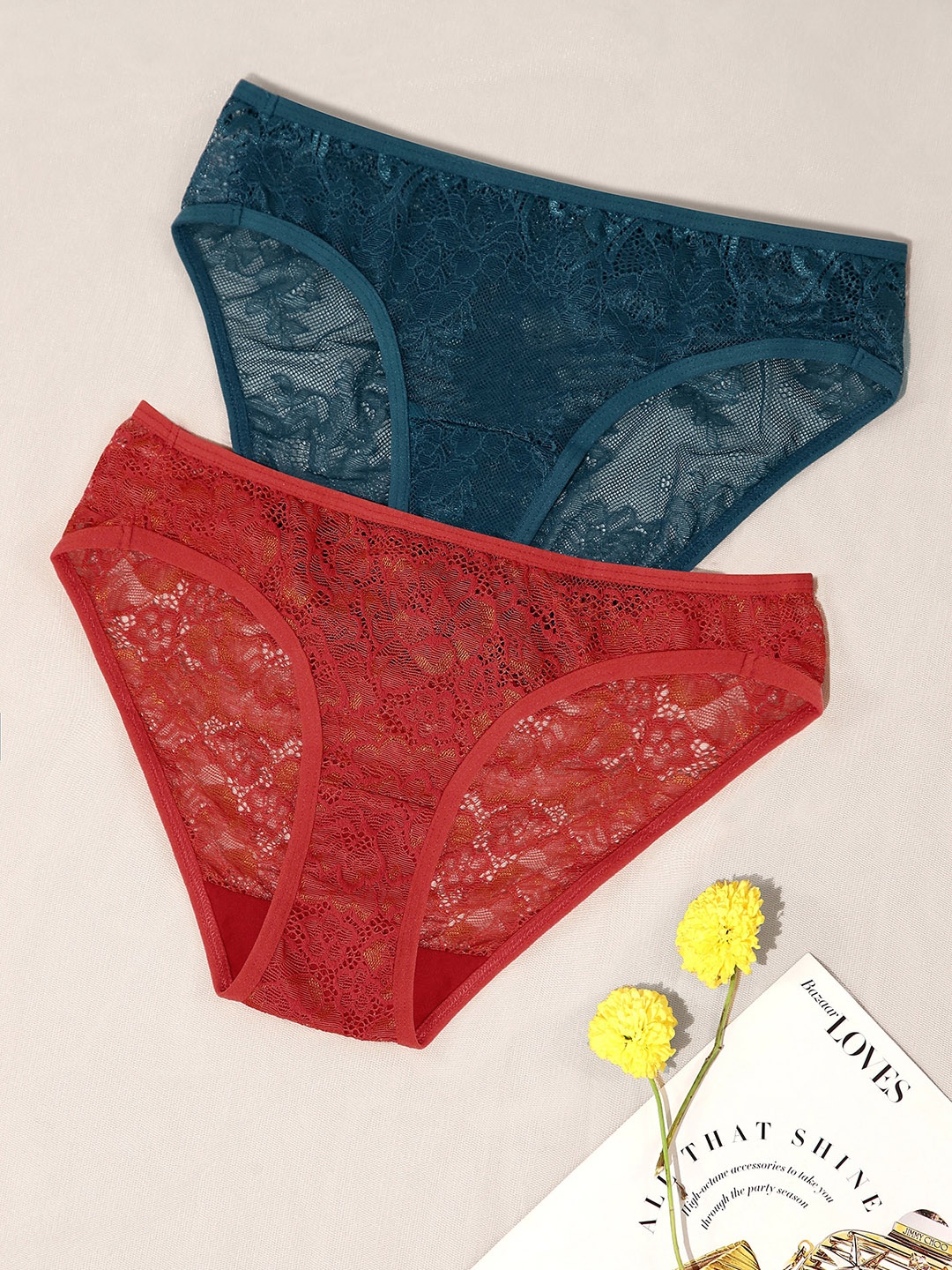 

LULU & SKY Pack of 2 Self Design Lace Bikini Briefs SSPNC2-147, Orange