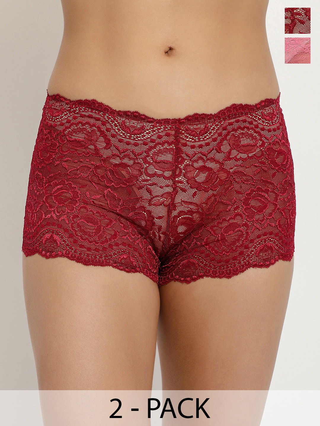 

LULU & SKY Pack Of 2 Self Design Lace Boy Shorts Briefs, Red