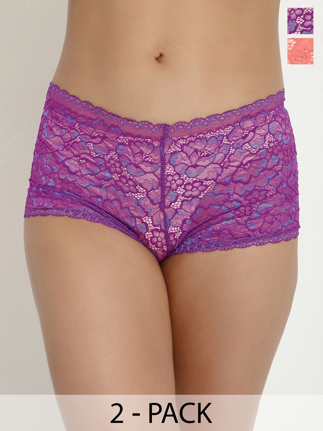 

LULU & SKY Pack Of 2 Self Design Lace Boy Short Briefs, Purple