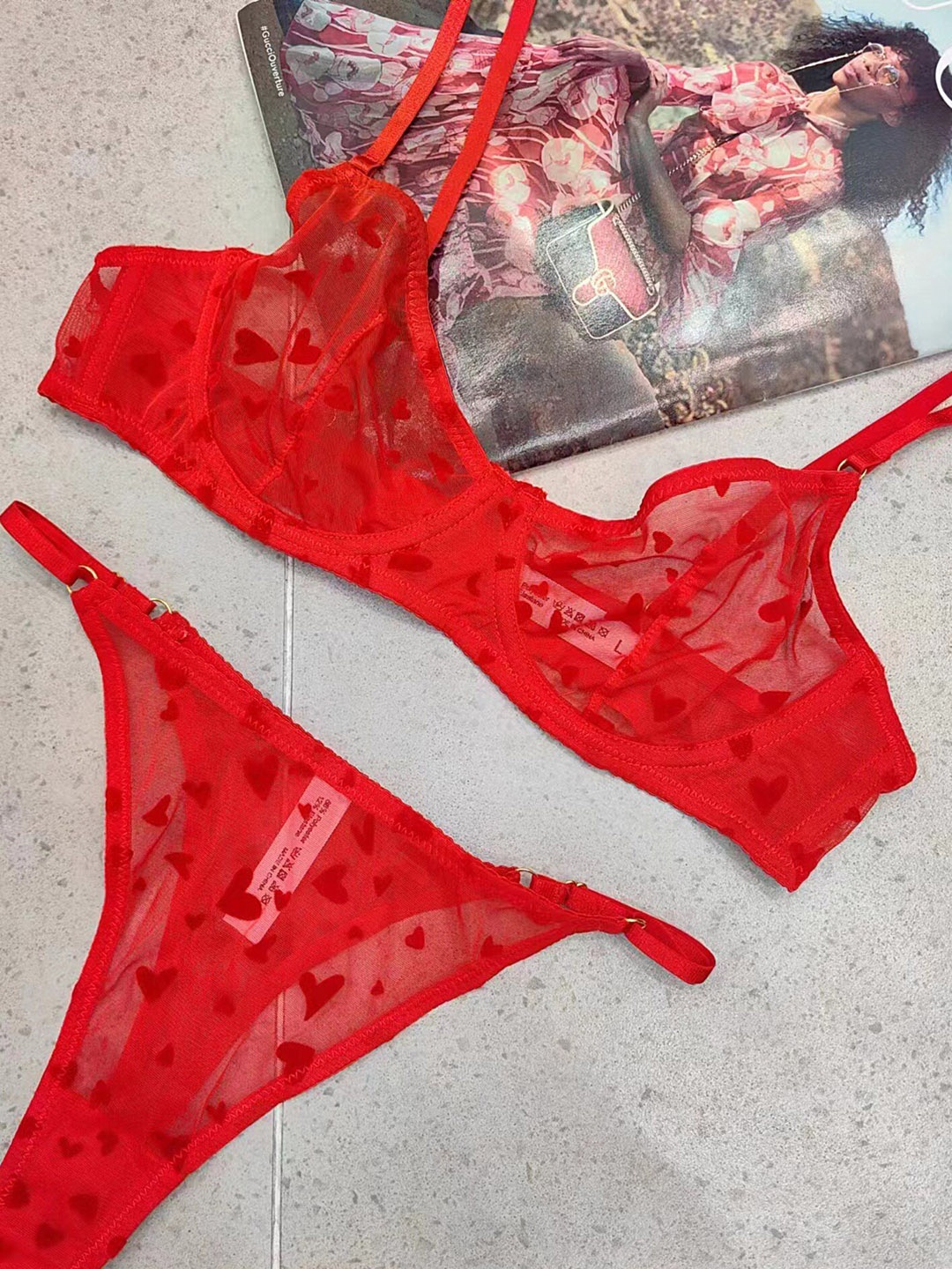 

LULU & SKY Motif Sheer Mesh Lingerie Set, Red