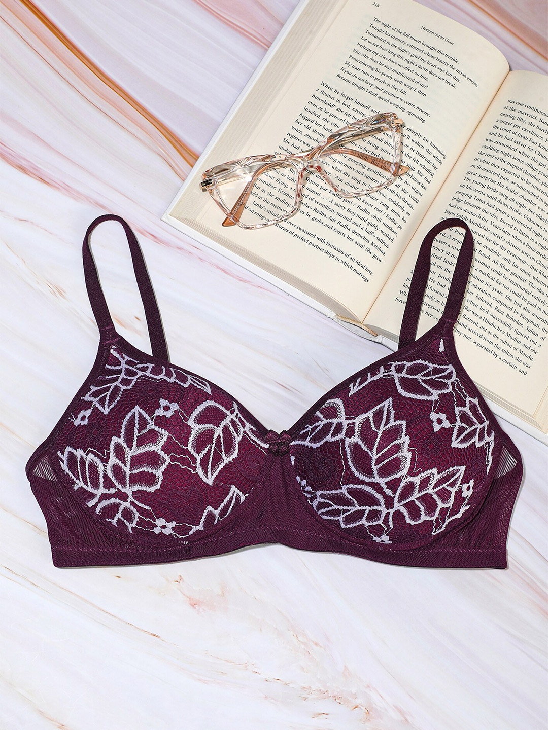 

LULU & SKY Lace Medium Coverage Lightly Padded Everyday Bra With All Day Comfort, Burgundy