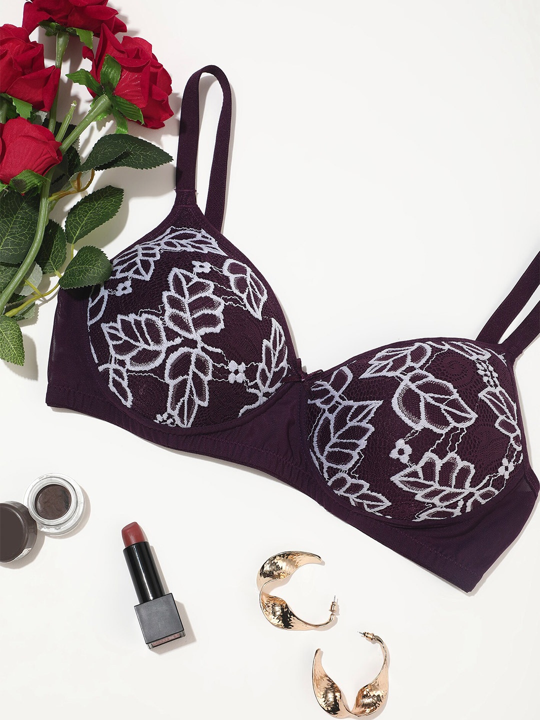 

LULU & SKY Self Design Everyday Bra - Medium Coverage Lightly Padded, Purple
