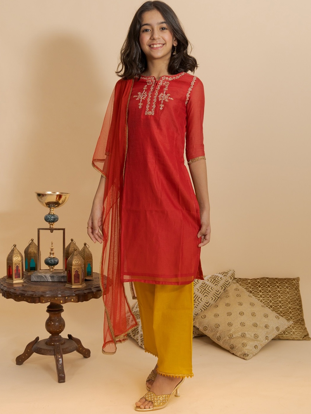 

BAESD Girls Ethnic Motifs Embroidered Chanderi Cotton Kurta with Palazzos & Dupatta, Red