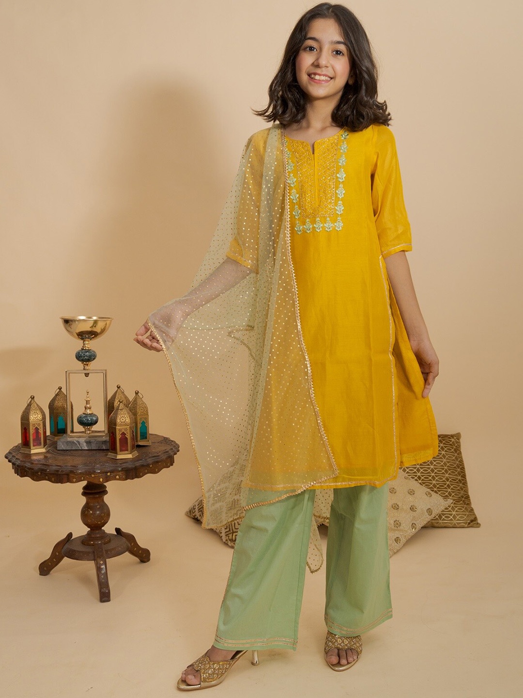 

BAESD Girls Ethnic Motifs Embroidered Chanderi Cotton Kurta with Palazzos & Dupatta, Yellow