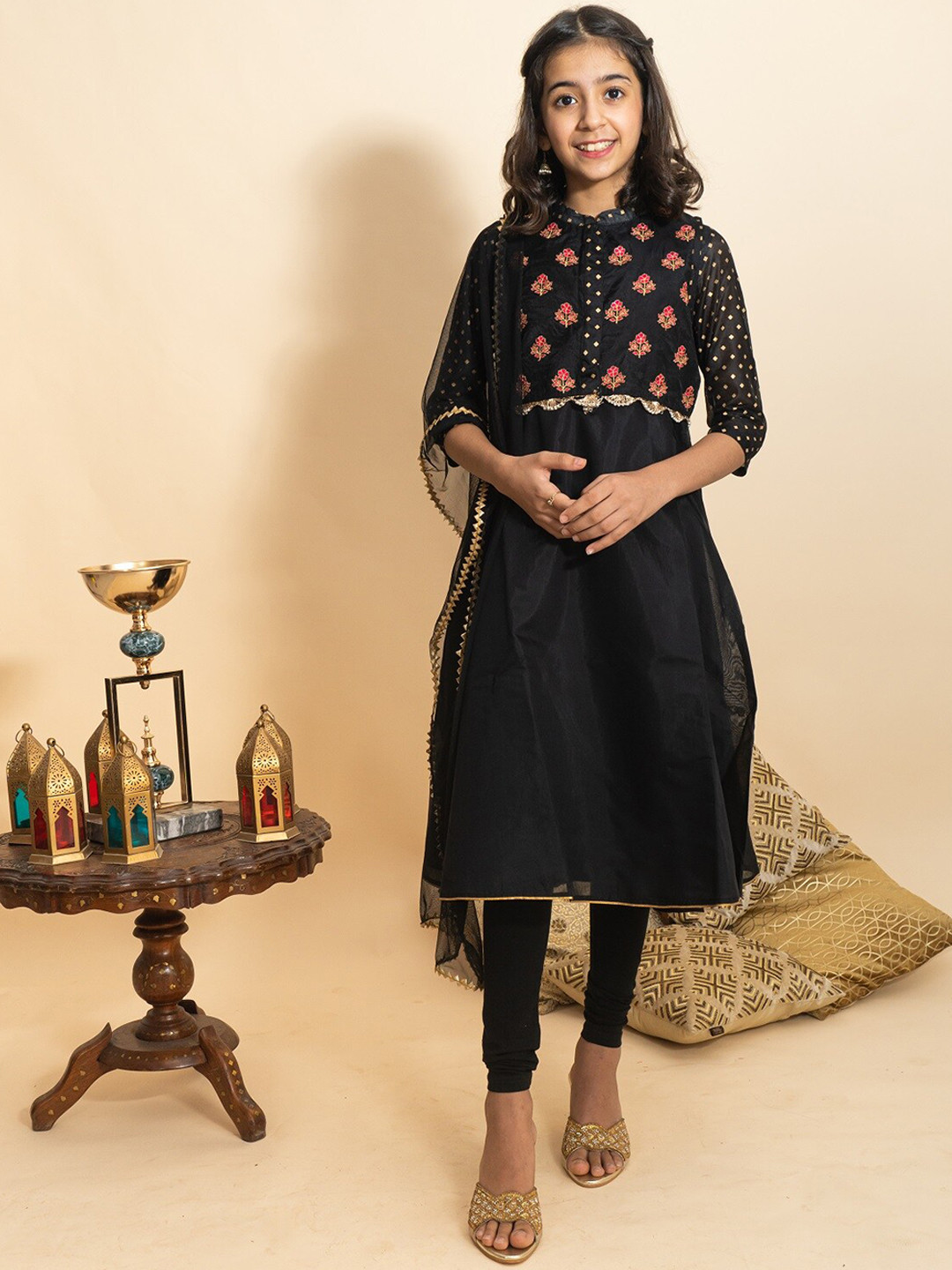 

BAESD Girls Ethnic Motifs Embroidered A-Line Kurta With Leggings & Dupatta, Black