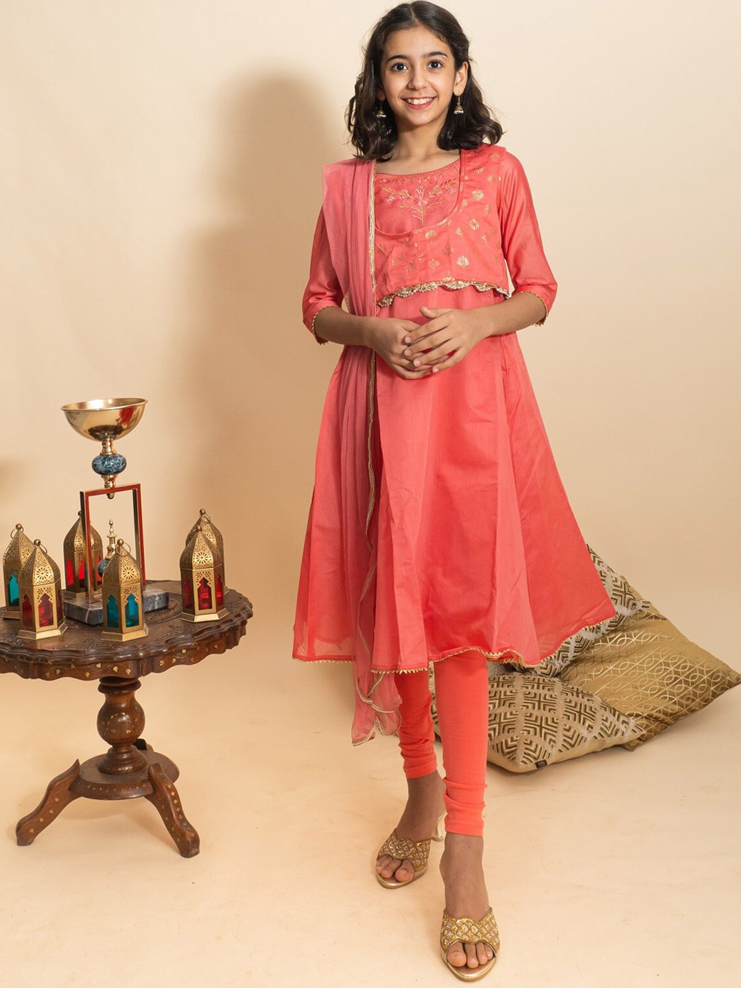 

BAESD Girls Ethnic Motifs Embroidered Anarkali Kurta With Leggings & Dupatta, Peach