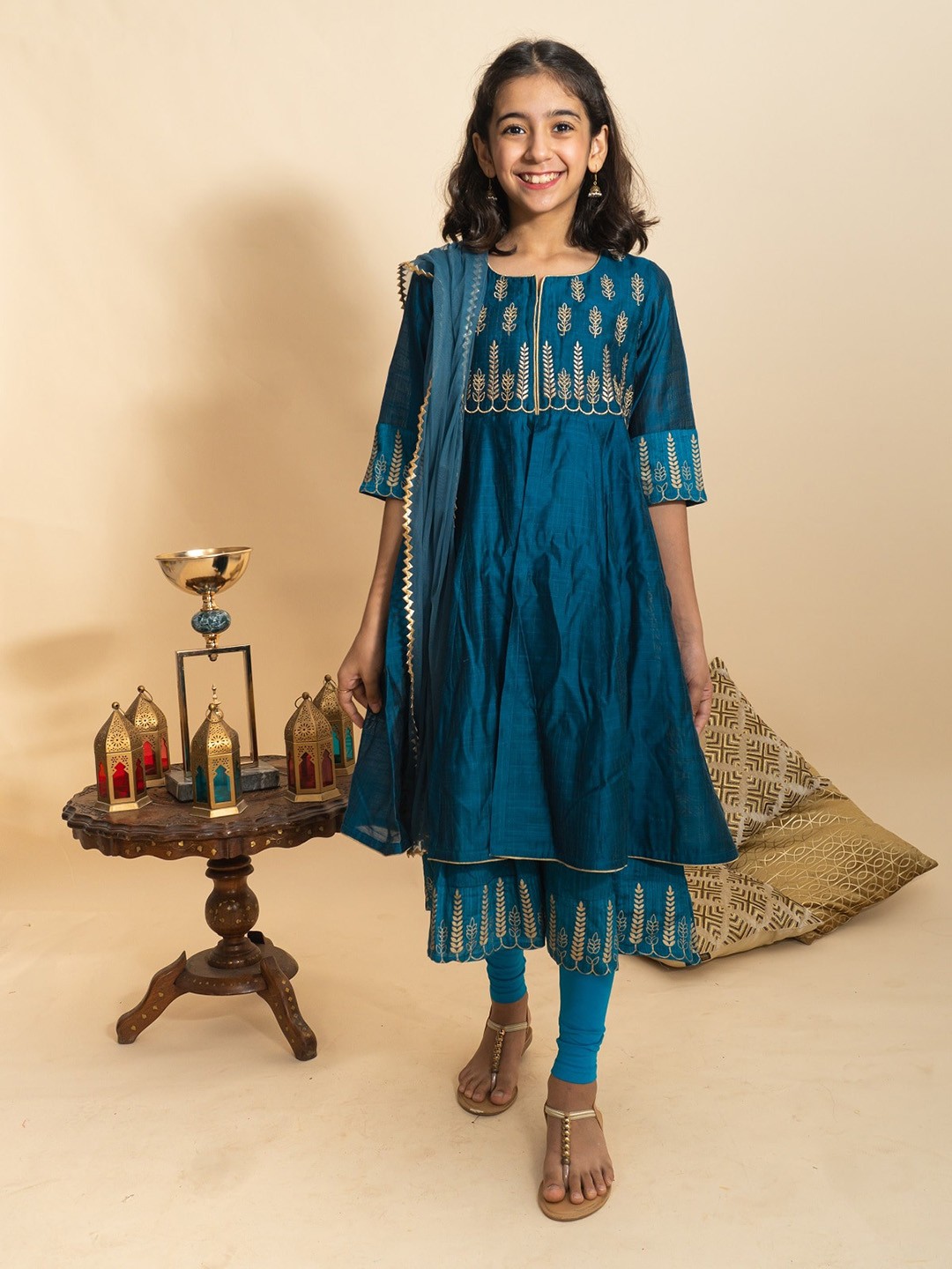 

BAESD Girls Ethnic Motifs Embroidered Chanderi Cotton Kurta & Leggings With Dupatta, Blue