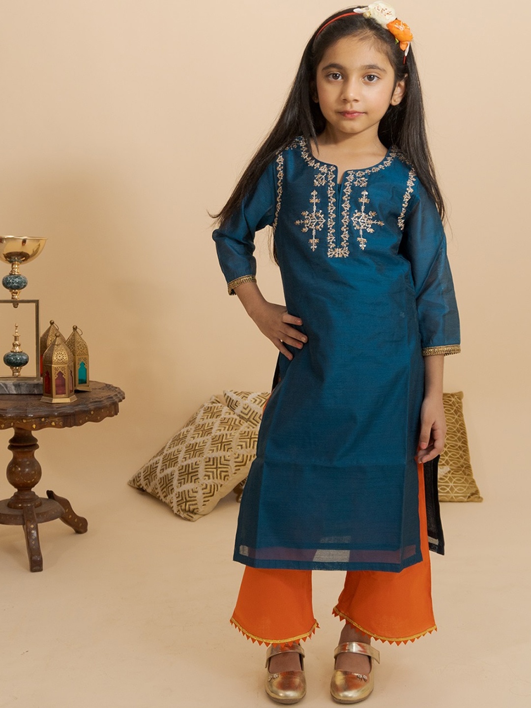 

BAESD Girls Ethnic Motifs Embroidered Chanderi Cotton Kurta with Palazzos & Dupatta, Blue