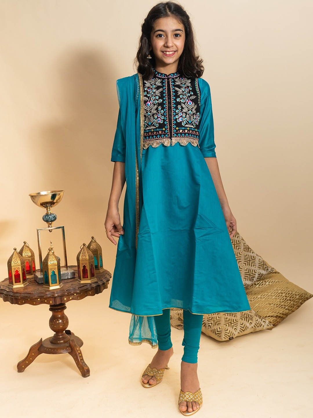 

BAESD Girls Ethnic Motifs Embroidered Chanderi Cotton Kurta And Leggings With Dupatta, Blue