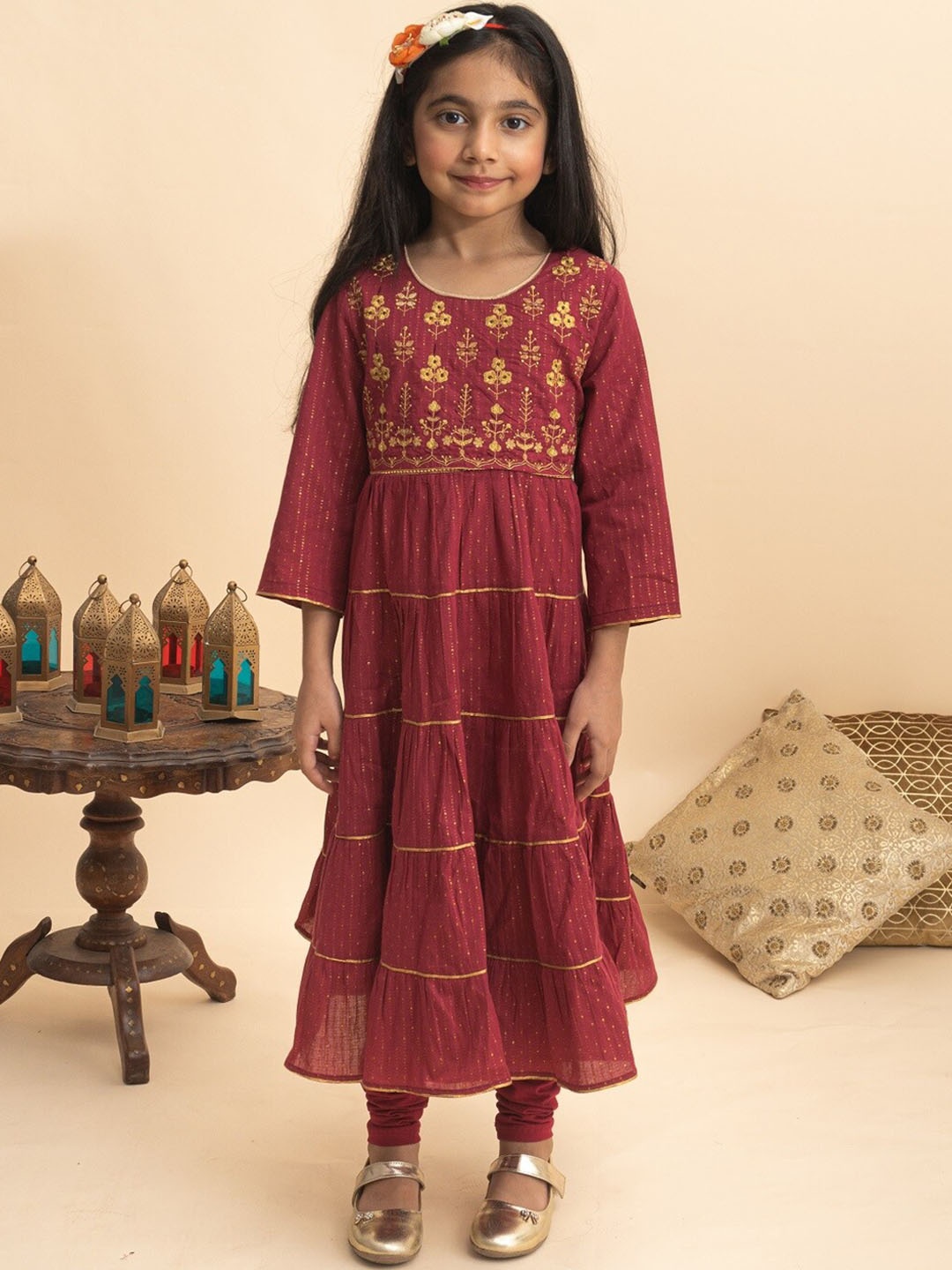 

BAESD Girls Ethnic Motifs Embroidered Regular Chanderi Cotton Kurta Set, Red