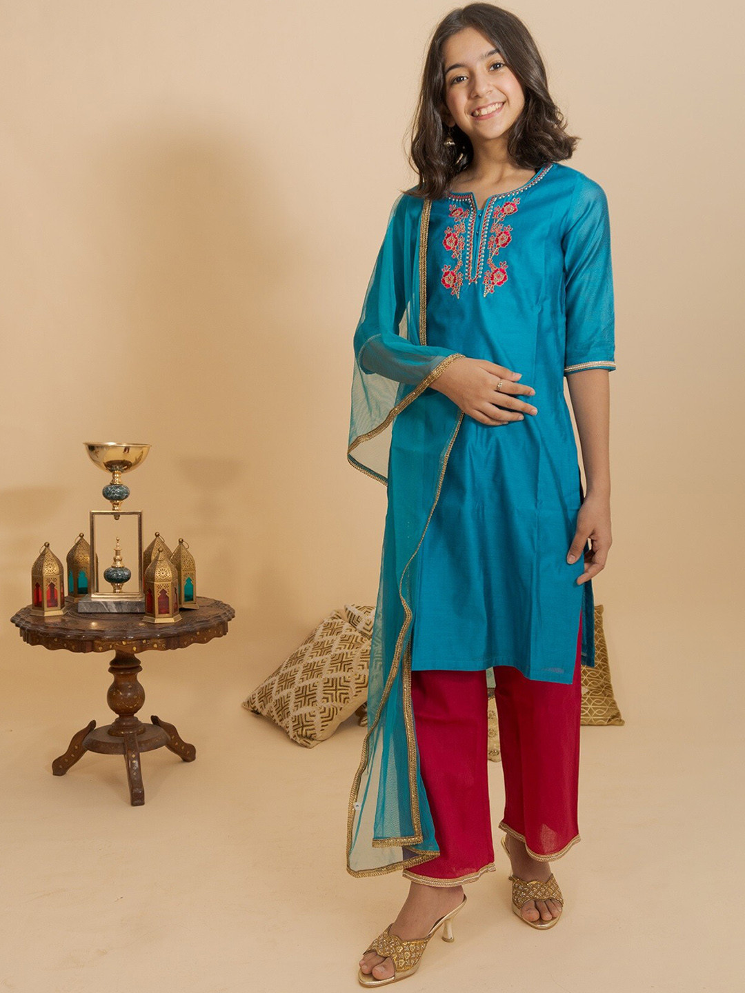 

BAESD Girls Ethnic Motifs Embroidered Chanderi Cotton Kurta And Trouser With Dupatta, Blue