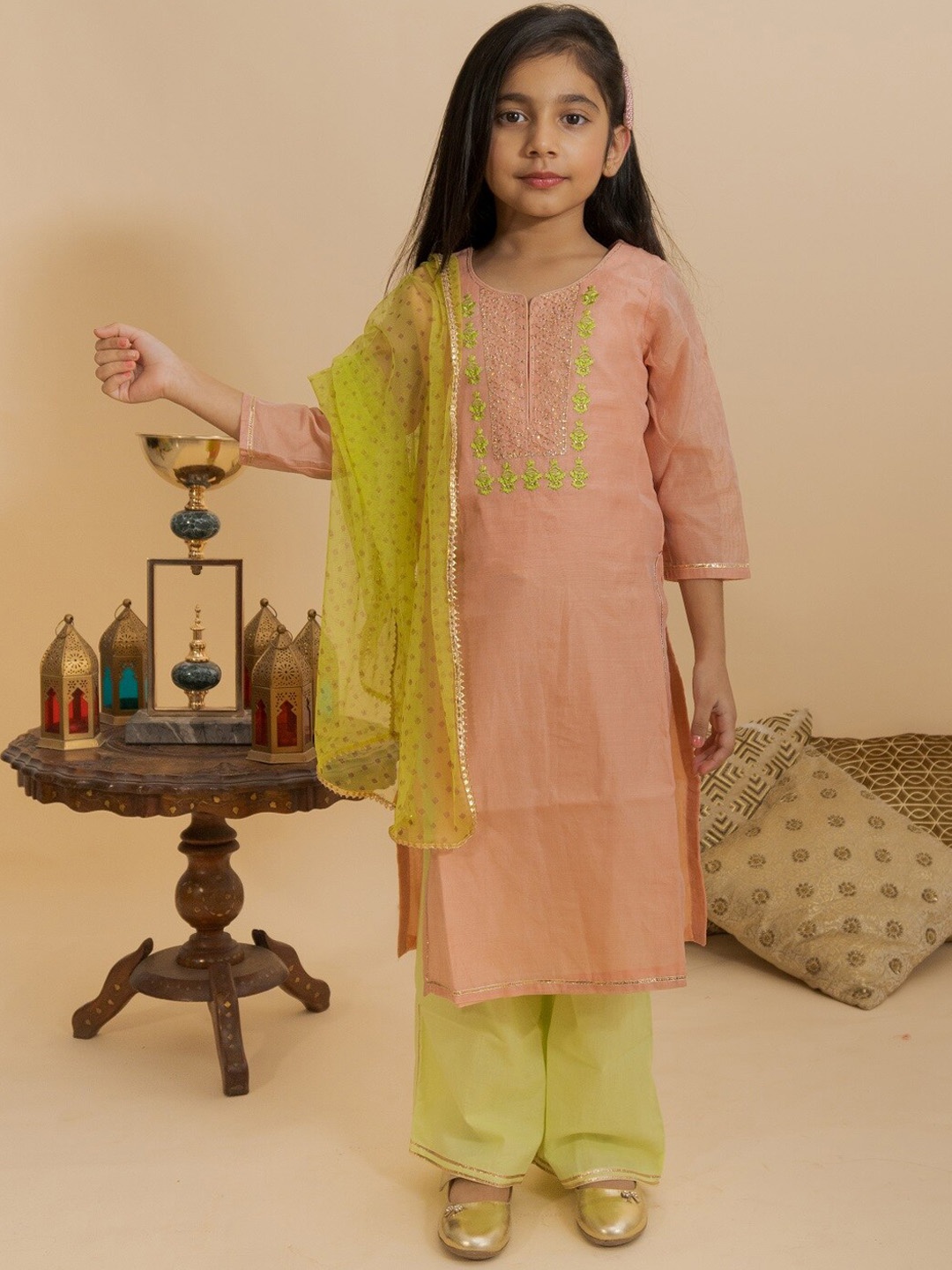 

BAESD Girls Ethnic Motifs Embroidered Chanderi Cotton Kurta with Palazzos & With, Peach