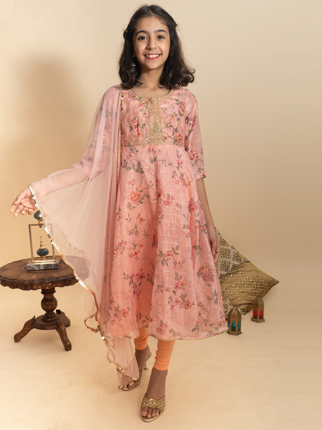 

BAESD Girls Peach-Coloured Ethnic Motifs Embroidered Regular Chanderi Cotton Kurta With Dupatta