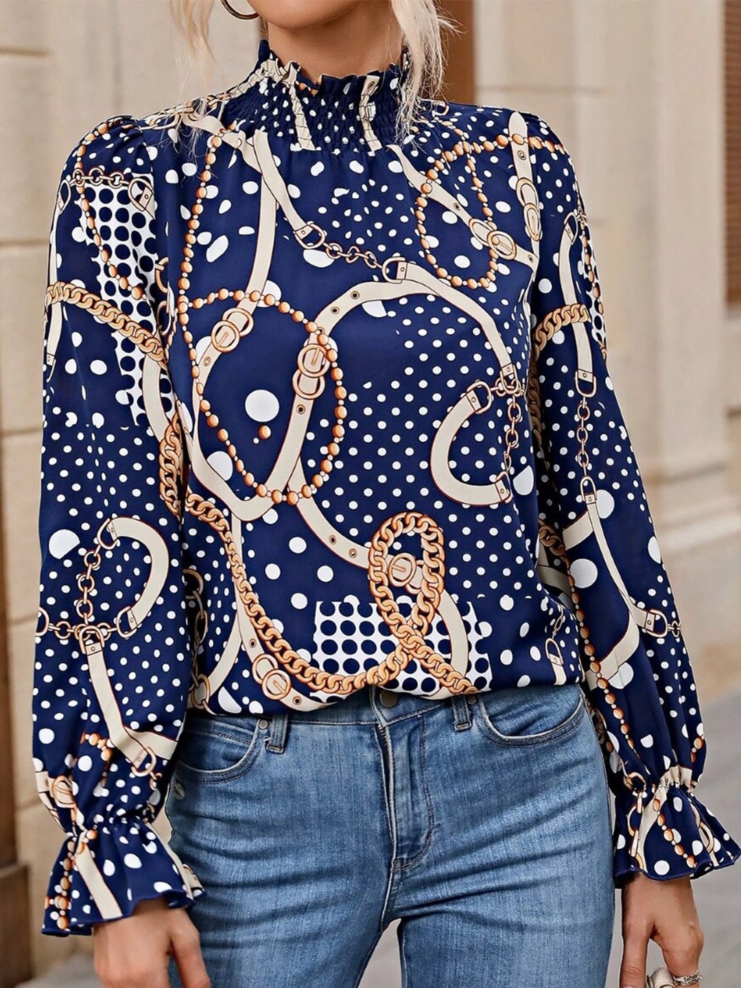 

Stylecast X KPOP Abstract Printed High Neck Top, Navy blue