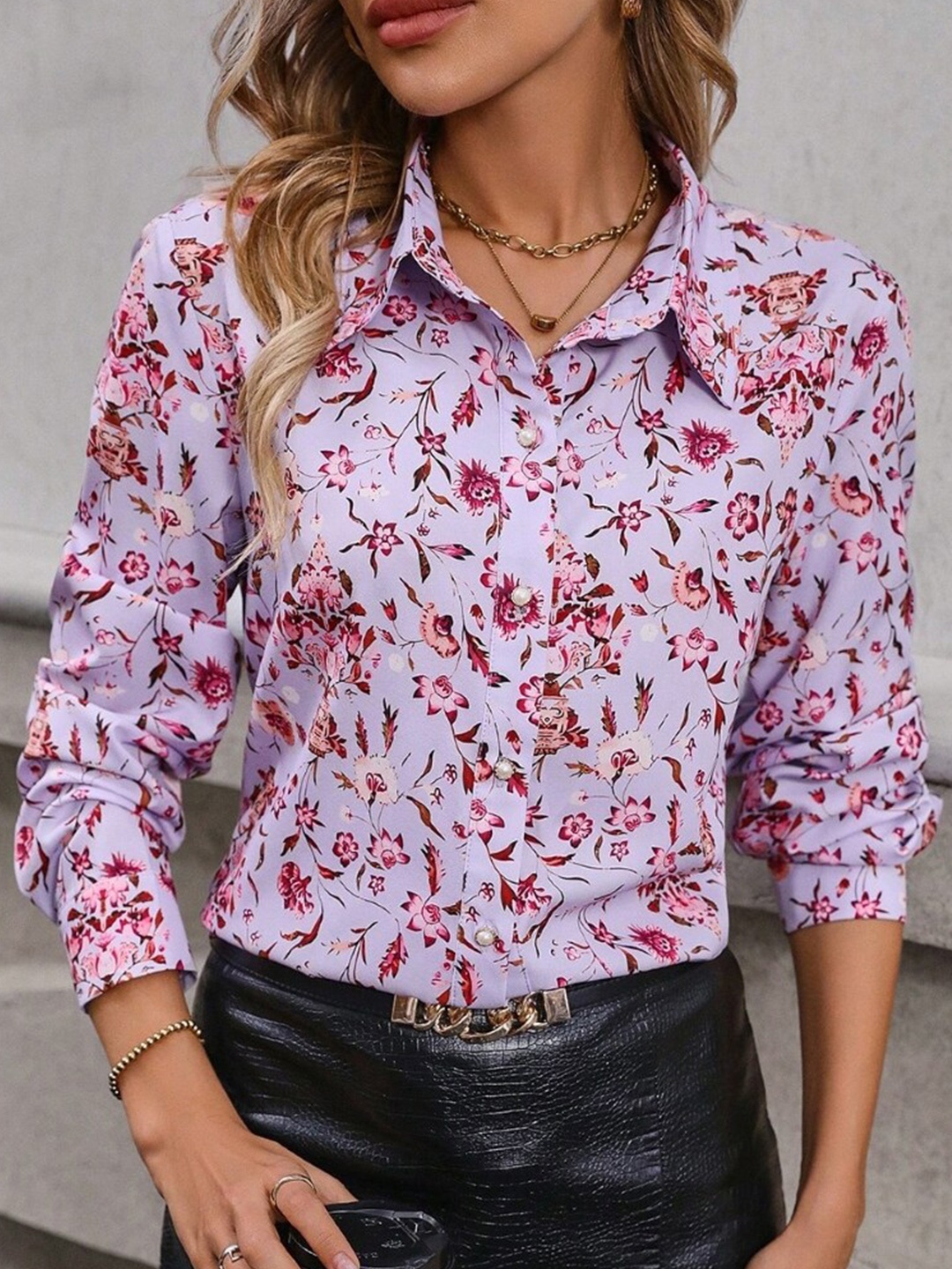 

Stylecast X KPOP Pink Floral Printed Shirt Collar Shirt Style Top