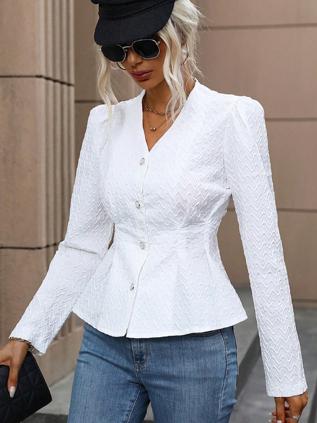 

Stylecast X KPOP Self Design V-Neck Peplum Top, White