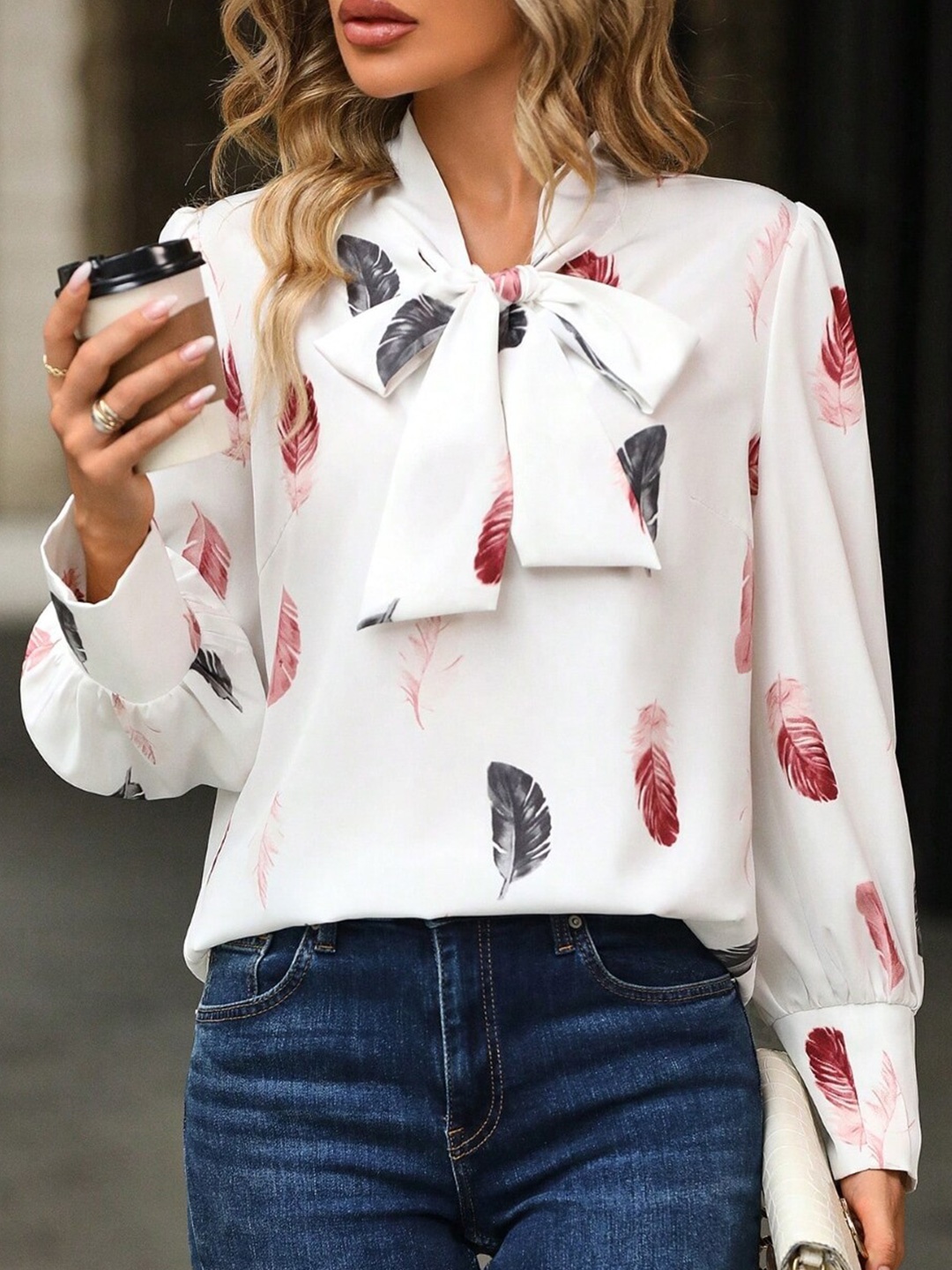 

Stylecast X KPOP White Conversational Printed Tie Up Neck Cuffed Sleeve Top