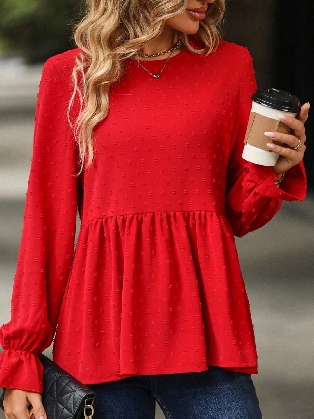 

Stylecast X KPOP Red Self Design Bell Sleeves Styled Back Top
