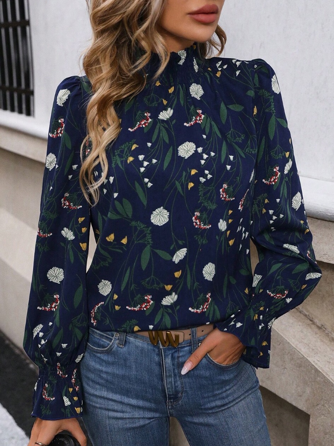 

Stylecast X KPOP Floral Printed High Neck Puffed Sleeves Top, Navy blue