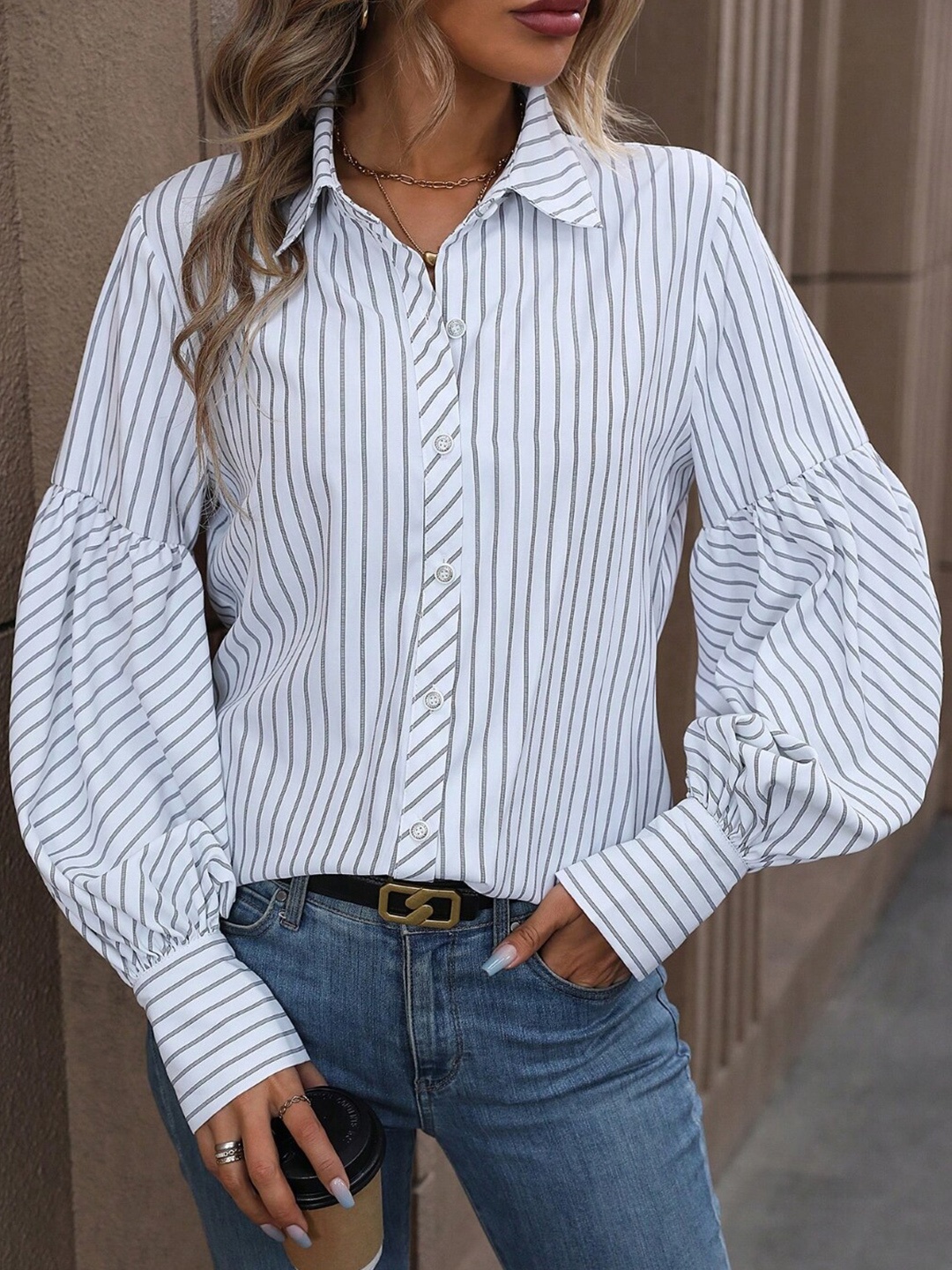 

Stylecast X KPOP Vertical Striped Long Sleeves Casual Shirt, White