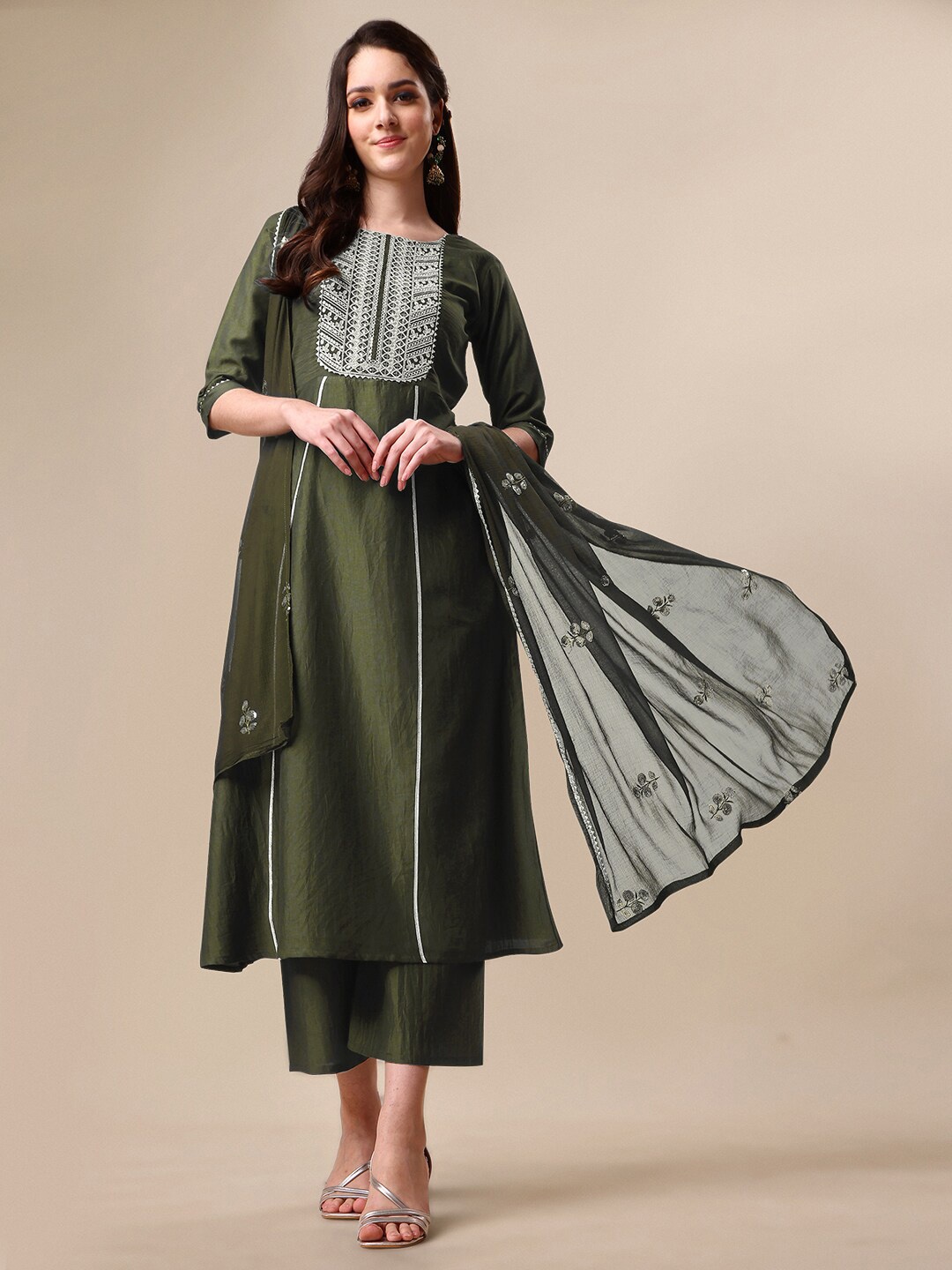

KALINI Ethnic Motifs Embroidered Zardozi Kurta With Palazzos & Dupatta, Green