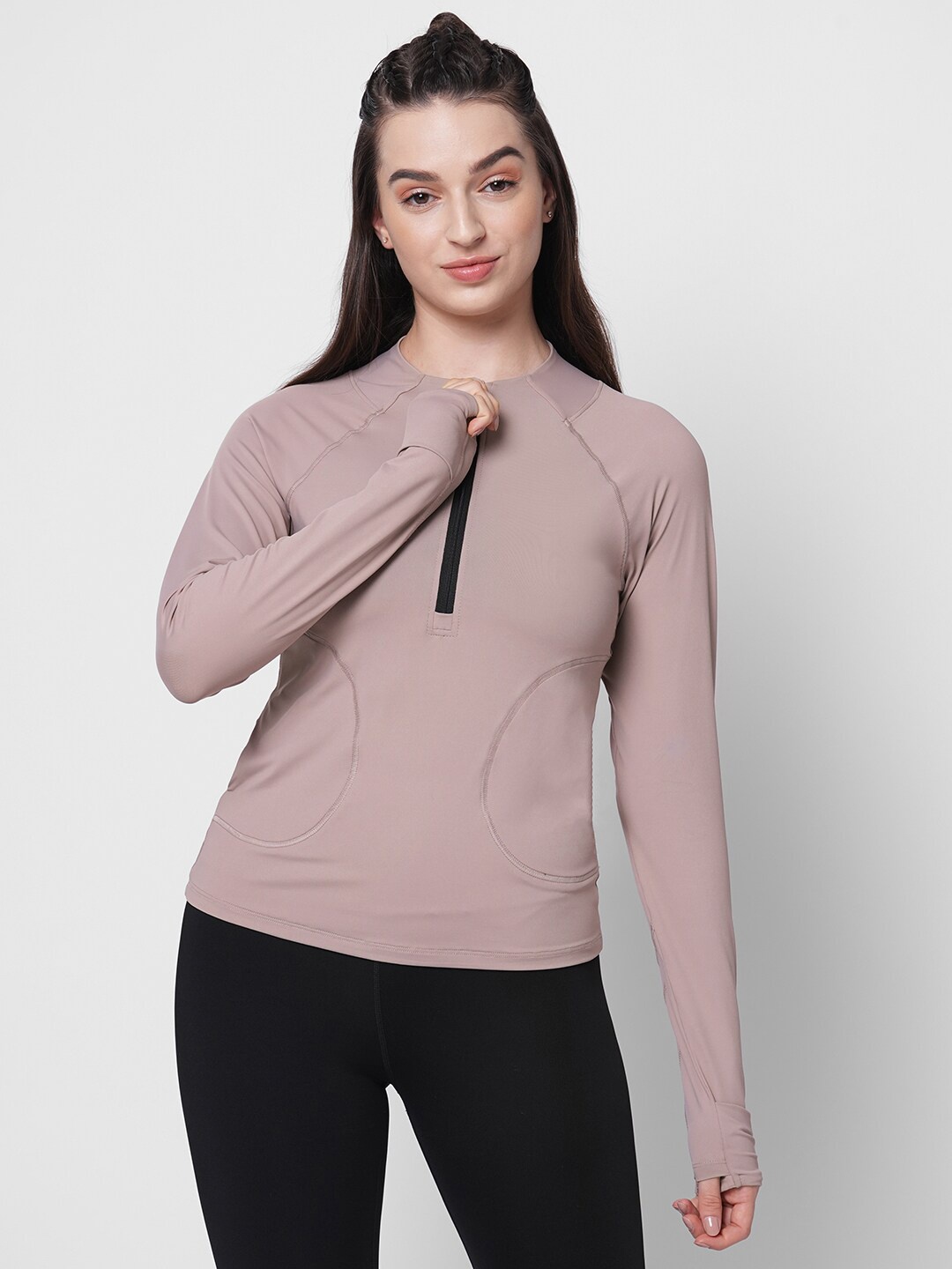 

Fitkin Women's Mauve 1/4 Front Zip Long Sleeve Training T-shirt