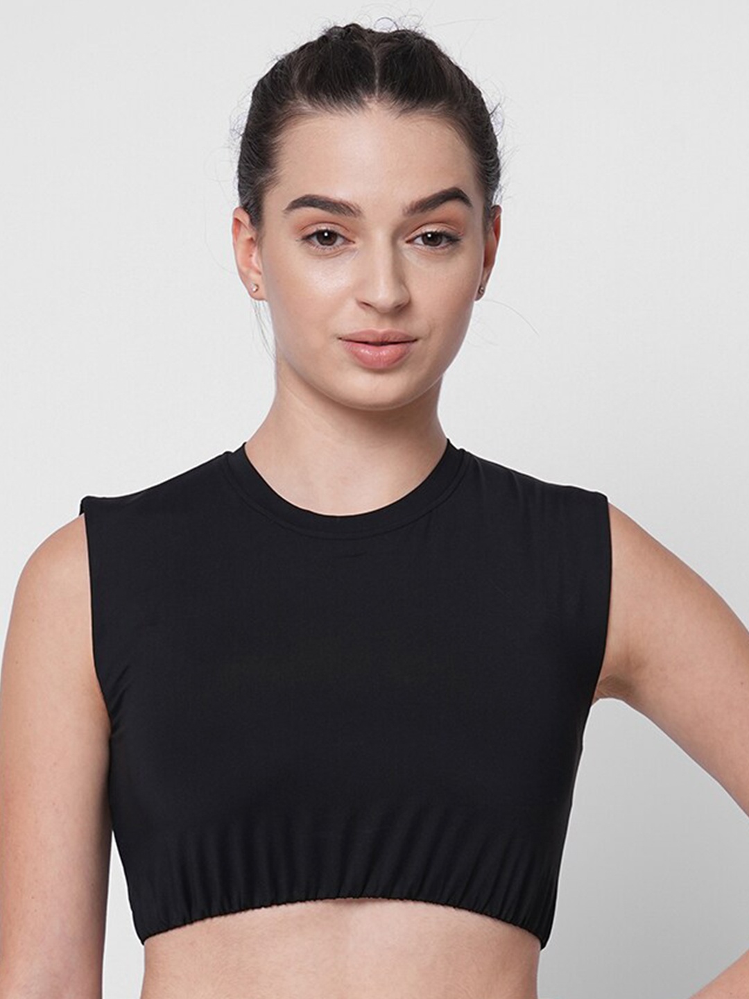 

Fitkin Round Neck Styled Back Sports Crop Top, Black
