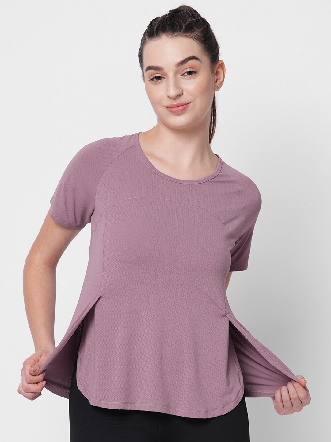 

Fitkin Women Lavender Self Design Side Overlap T-shirt