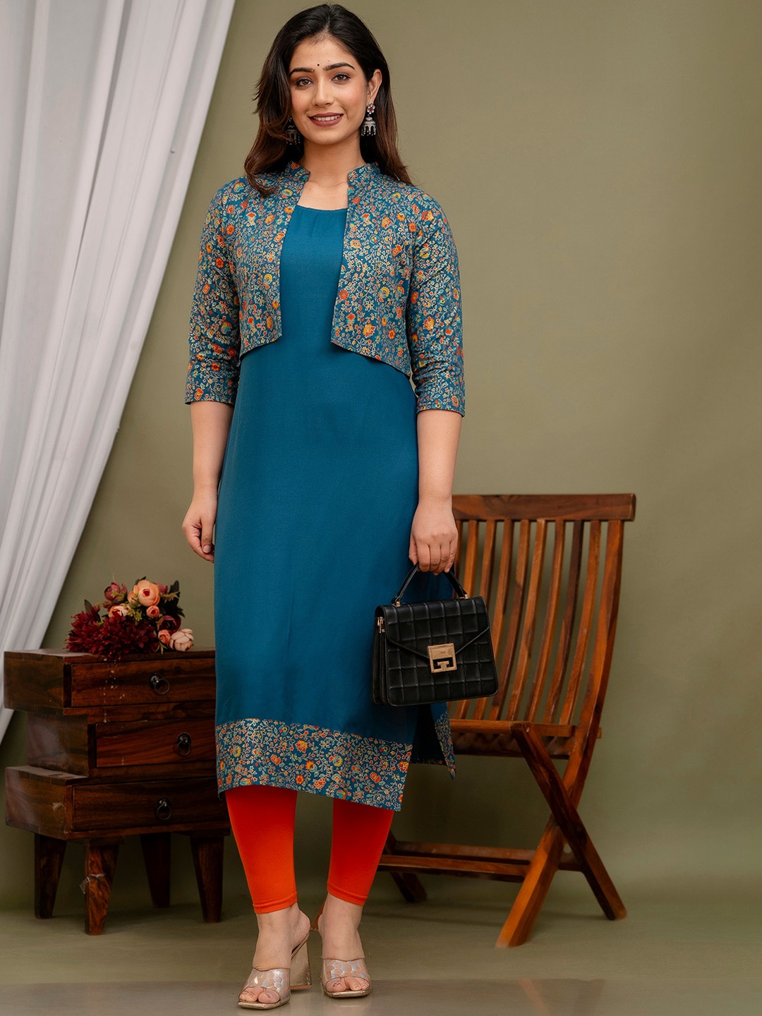

Mialo fashion Round Neck kurta with jacket, Turquoise blue