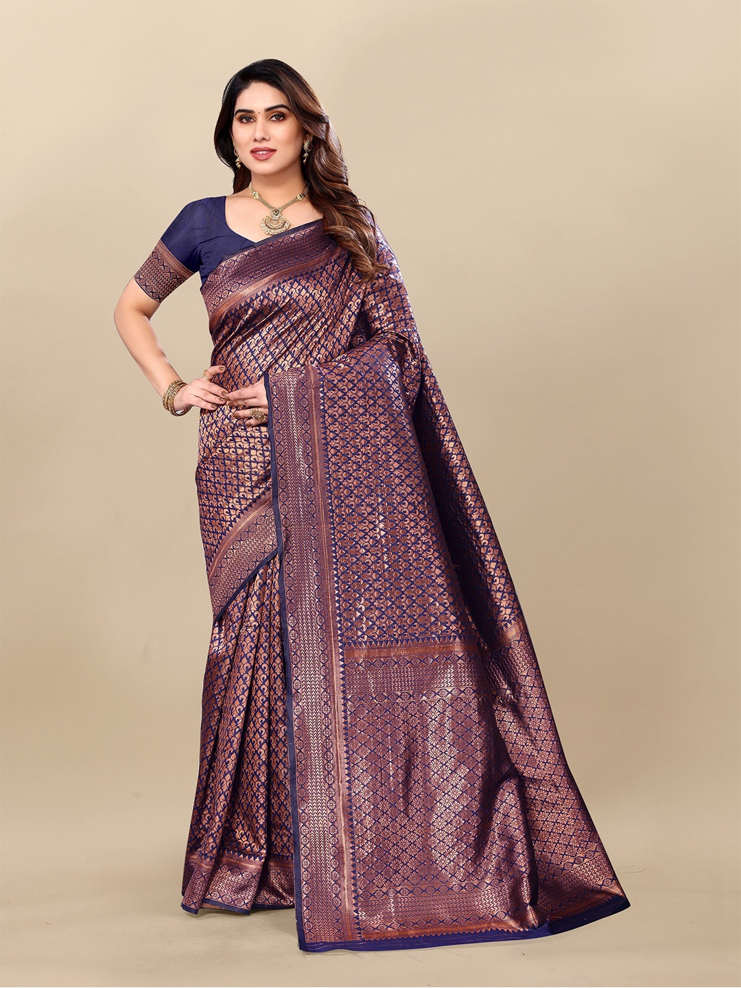 

Sidhidata Ethnic Motifs Woven Design Zari Banarasi Saree, Navy blue