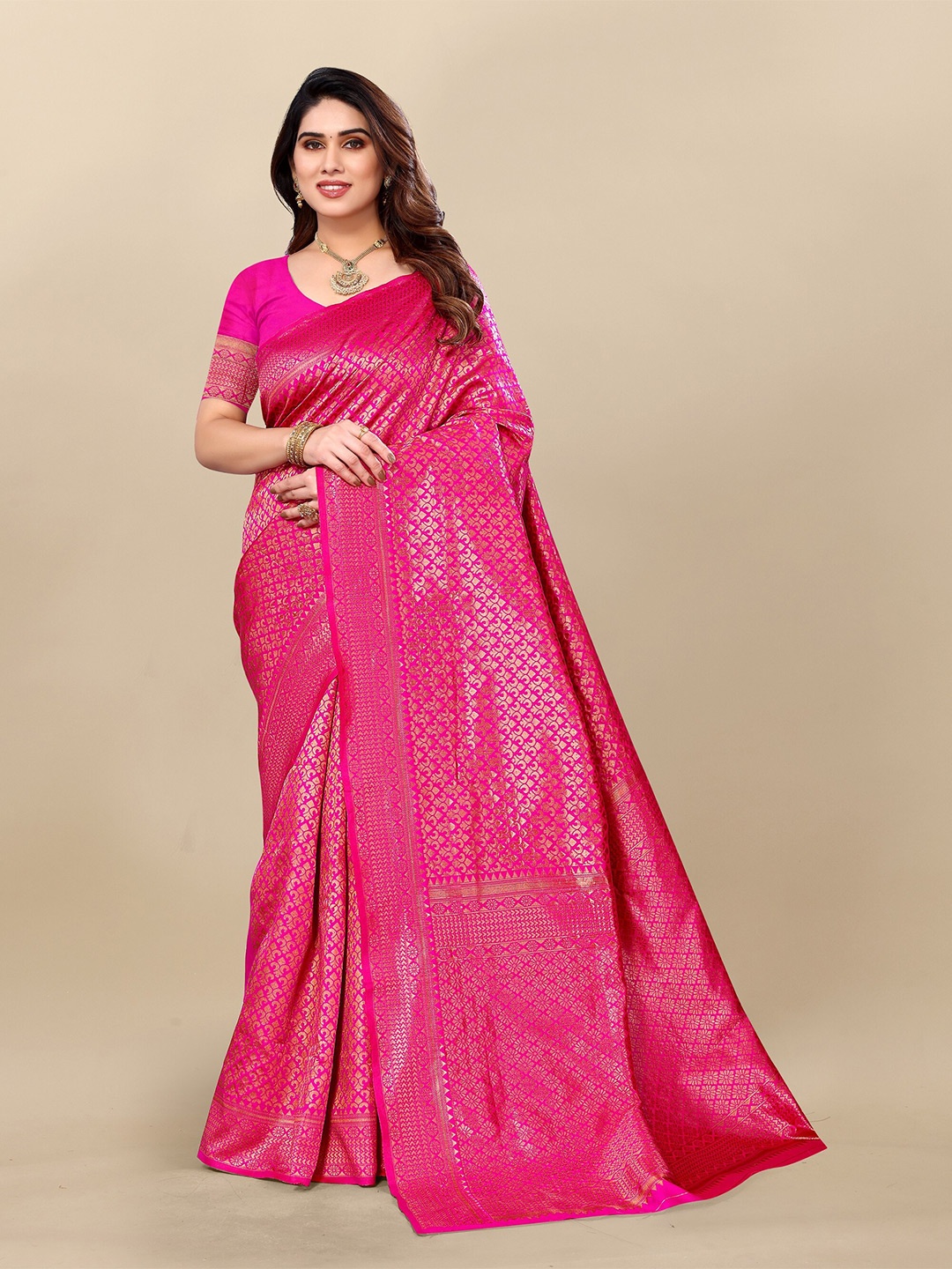 

Sidhidata Ethnic Motifs Woven Design Zari Banarasi Saree, Pink
