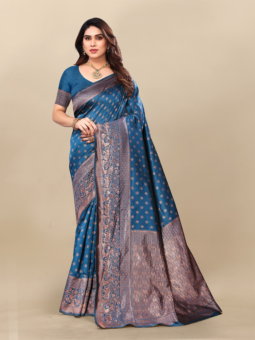 

Sidhidata Ethnic Motifs Woven Design Zari Banarasi Saree, Turquoise blue
