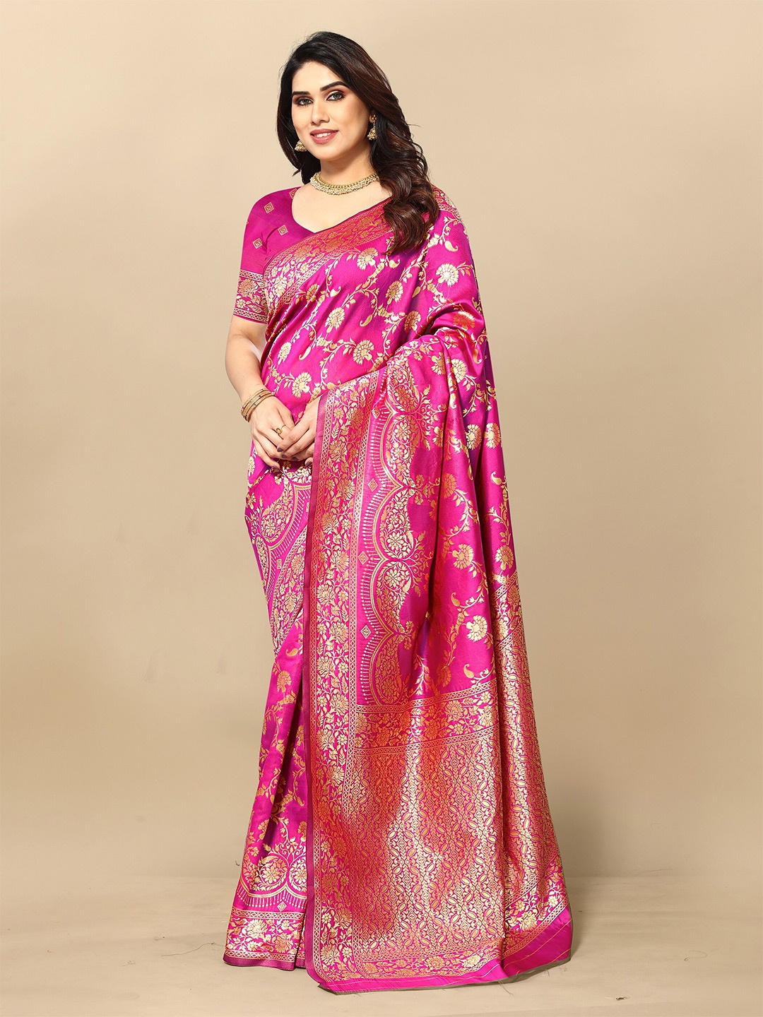 

Sidhidata Ethnic Motifs Woven Design Zari Banarasi Saree, Pink