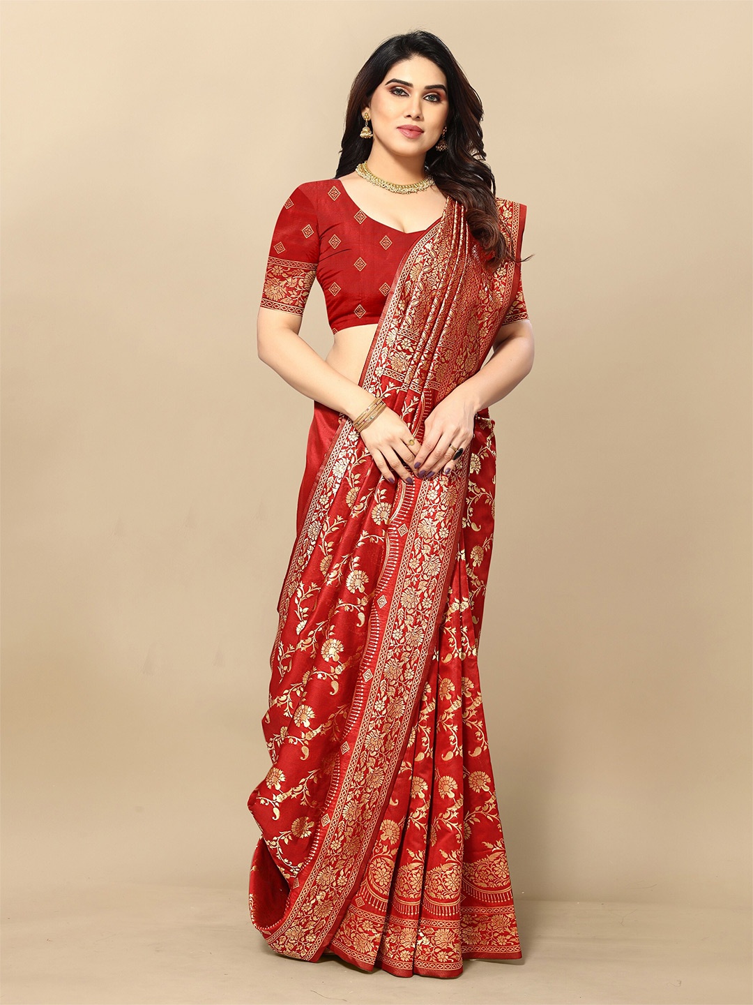 

Sidhidata Ethnic Motifs Woven Design Zari Banarasi Saree, Red