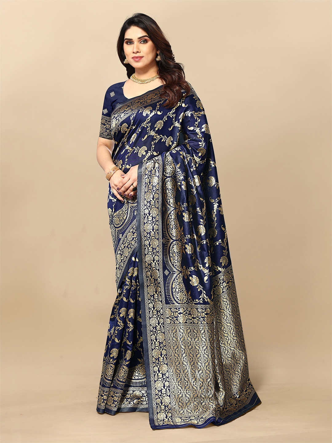 

Sidhidata Ethnic Motifs Woven Design Zari Banarasi Saree, Navy blue