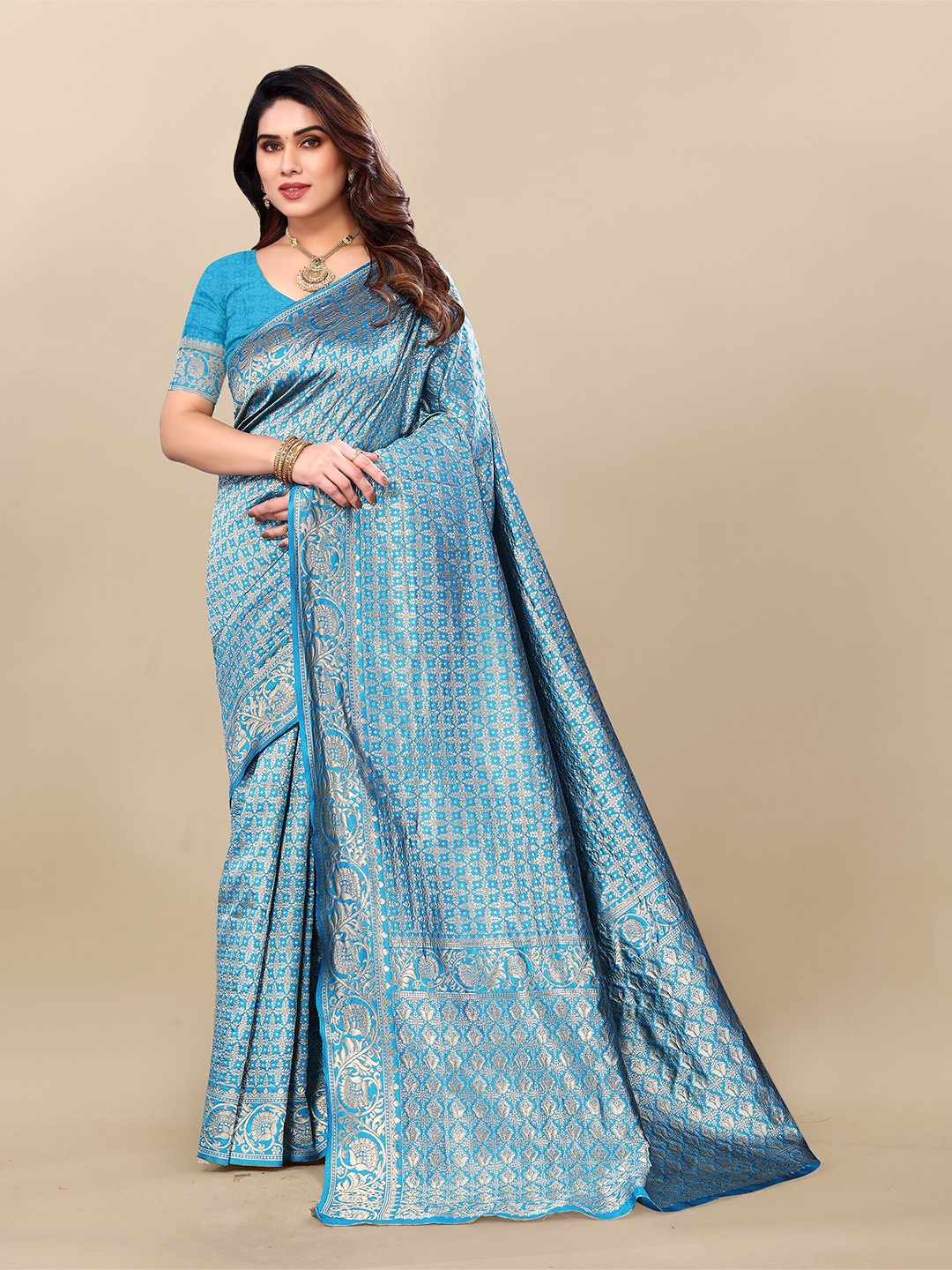 

Sidhidata Ethnic Motifs Woven Design Zari Banarasi Saree, Turquoise blue