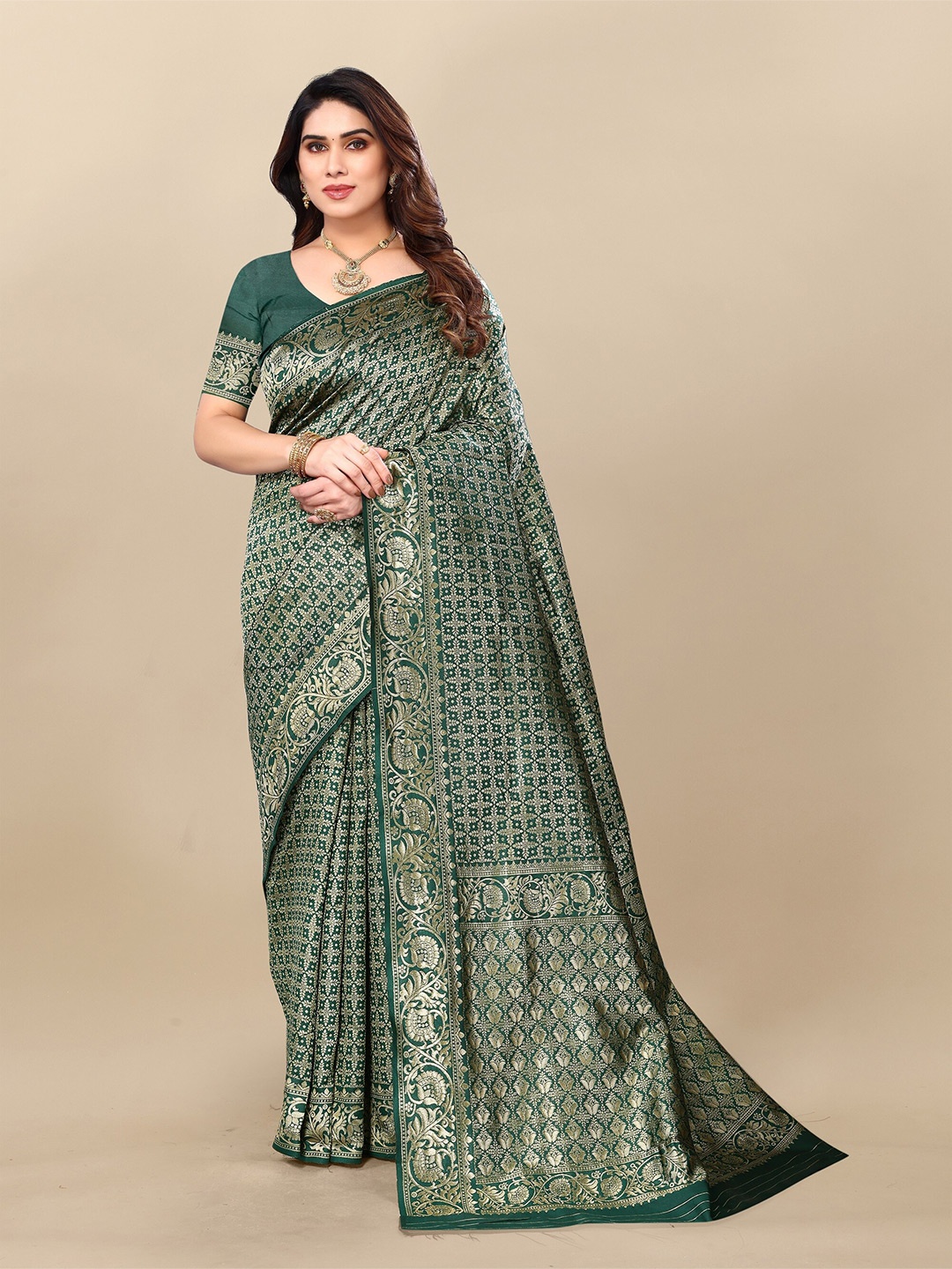 

Sidhidata Green Embellished Zari Silk Blend Designer Banarasi Saree